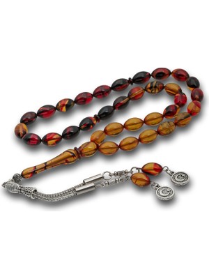 Gumush Metal Püsküllü Bordo Amber Sıkma Kehribar Tesbih