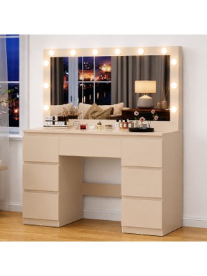 Sare Trade Hernest LED Işıklı Aynalı Makyaj Masası Takı Dolaplı 7 Çekmeceli Modern Şifonyer Beyaz 120 cm