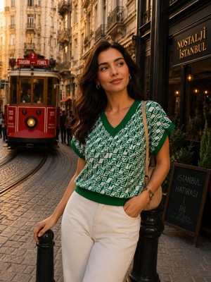 SFG Life Moda Kadın V Yaka Kare Desenli Şık Süveter