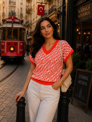 SFG Life Moda Kadın V Yaka Kare Desenli Şık Süveter