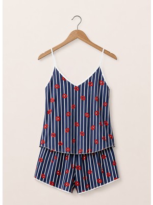 Love Secret Lacivert Çizgili Dudak Desenli Saten Şortlu Kadın Pijama Takımı