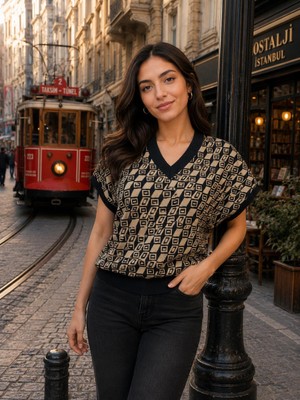 SFG Life Moda Kadın V Yaka Kare Desenli Şık Süveter