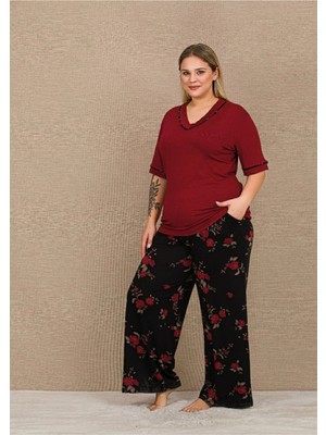 Yare Lady Büyük Beden Kadın Viskon Pijama Takımı Yumuşak Kumaş Gül Desenli Yazlık Rahat Ev Pijaması 11064