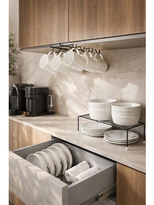 Edora Home 3'lü Set Siyah 10 Kancalı Fincan Askısı, Dolap Içi Organizer, Dikdörtgen Tel Organizer Mutfak Seti