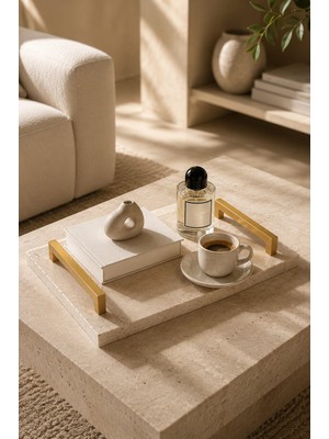 Marbello Traverten Mermer Dekoratif Tepsi Mat Gold Kulplu 20X30 cm Doğal Taş Sunum Tepsisi