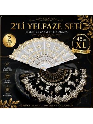 Lutara 2li Set Xl 45 cm Katlanabilir Hafif Şık Tasarım Kadın El Yelpazesi Büyük Boy Şık Desenli Abaniko