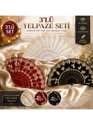 Lutara 45 cm Xl 3'lü Yelpaze Seti Mor Pembe Mavi Desenli Dekoratif El Yelpazesi Özel Tasarım Trend Model