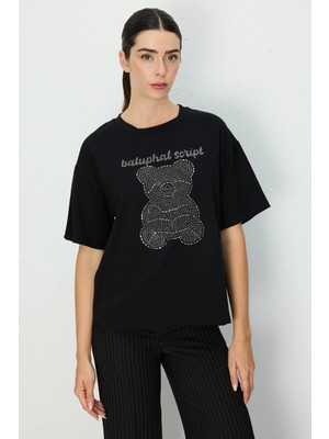 On Kadın Taşlı Ayıcık Baskılı T-Shirt 70341 Siyah