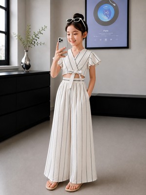 Kız Çocuk Salaş Takım Crop Üst, Bol Paça Pantolon 2 Li Takım