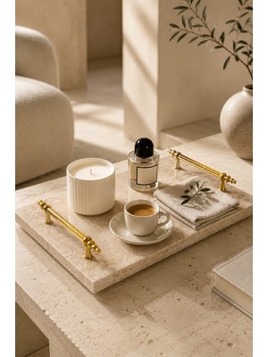 Marbello Gold Kulplu Doğal Traverten Tepsi 20X30 cm Kahve Sunumluk Banyo Organizer Dekoratif Tepsi