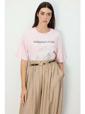 On Kadın Taşlı Ayıcık Baskılı T-Shirt 70341 Pembe