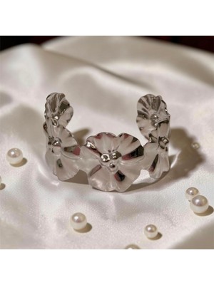 Luxury 316|SILVER Kalın Çiçek Kelepçe Bilezik Ayarlanabilir Kadın Erkek Unisex