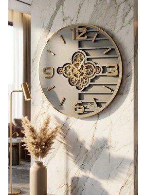 Asse Tasarım Premium Rotating Gears Mirror Wall Clock Hareketli Döner Çark 50CM Antrasit-Sarı