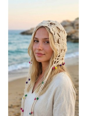 Kervan Pazarı Kadın Ithal El Örgüsü Bohem Tarzı Çiçek Motifli Uzun Boncuklu Saç Filesi Bandana