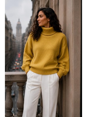 SFG Life Moda Kadın Balıkçı Yaka Tüylü Şardonlu Oversize Kazak