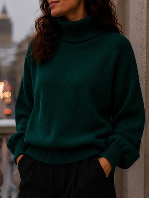 SFG Life Moda Kadın Balıkçı Yaka Tüylü Şardonlu Oversize Kazak