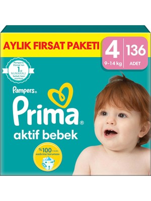 Prima Aktif Bebek, Bebek Bezi 4 Numara, 136 Adet Aylık Fırsat Paketi