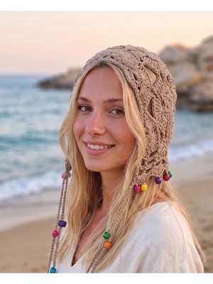 Kervan Pazarı Kadın Ithal El Örgüsü Bohem Tarzı Çiçek Motifli Uzun Boncuklu Saç Filesi Bandana