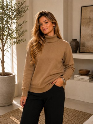 SFG Life Moda Kadın Balıkçı Yaka Tüylü Şardonlu Oversize Kazak