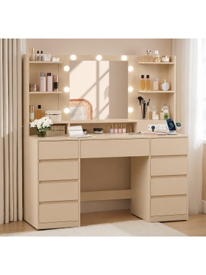 Sare Trade Hernest LED Işıklı Aynalı Makyaj Masası 9 Çekmeceli Raflı Şifonyer Modern Vanity Masa Bej 107X40 cm