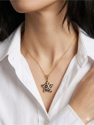Luxenya Design Kadın Çelik Beyaz - Siyah Mineli Deniz Yıldızı Kolye Zirkon Taşlı Gold Zincir Kolye Takı Mücevher