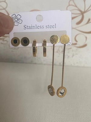 Luxenya Design Altın Renk Paslanmaz Çelik Minimal Halka ve Taş Detaylı Uzun Sallantılı Kadın Küpe Seti