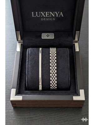 Luxenya Design 316L Paslanmaz Çelik Kordon Bileklik ve Ince Italyan Zincir 2’li Set Gümüş Renk Unisex Bileklik