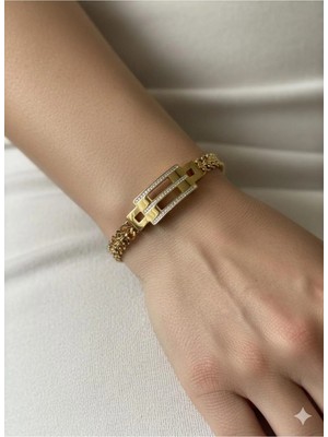 Luxenya Design Vıp 14K Altın Kaplama Zirkon Taş Kaburga Model Zincir 316L Paslanmaz Çelik Kadın Bileklik