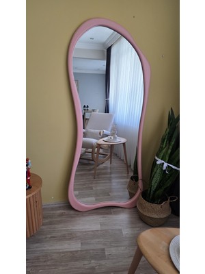 Uğurlu Ayna 180X80 cm Asimetrik Boy Aynası - Pembe Ahşap Görünümlü Dekoratif Boy Aynası