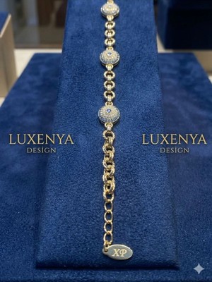 Luxenya Design Xuping 3'lü Nazar Boncuk Detaylı Zirkon Taşlı Altın Renk Kadın Çelik Bileklik