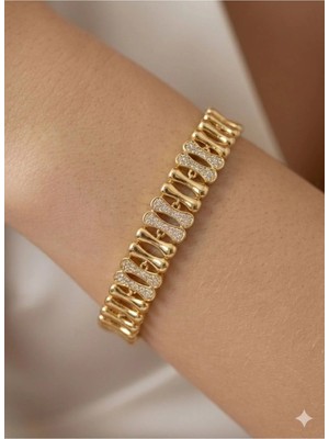 Luxenya Design Xuping 14K Altın Kaplama Kemik Model Zirkon Taşlı Kadın Çelik Bileklik 17+2 cm Uzatmalı