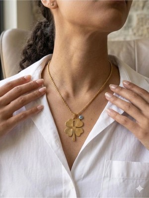 Luxenya Design Çelik Kolye Serisi Yüksek Kalite Altın Kaplama Yonca Uçlu Kadın Kolye Takı Mücevher