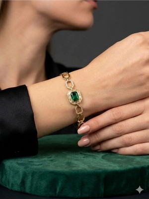 Luxenya Design Ysx Jewelry 14K Altın Kaplama Yeşil Zirkon Taş Detaylı Gold Zincir Kadın Çelik Bileklik 17+2 cm