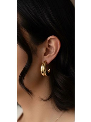 Luxenya Design Xuping Jewelry 14K Altın Kaplama Gold Renk Paslanmaz Çelik Kabarık Oval Kadın Küpe