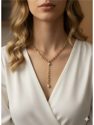 Luxenya Design 14K Altın Kaplama Tiff Y Model Kadın Kolye Kararmaz Paslanmaz Çelik Kolye