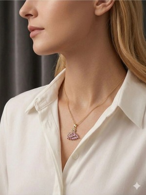 Luxenya Design Kadın Pembe Kuğulu Pink Swan Taşlı Altın Renk 316L Paslanmaz Çelik Kolye Zarif Şık Kolye