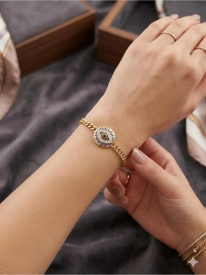 Luxenya Design Xuping 14K Altın Kaplama Göz Figürlü Zirkon Taşlı Kadın Çelik Bileklik 18+6 cm Ayarlanabilir