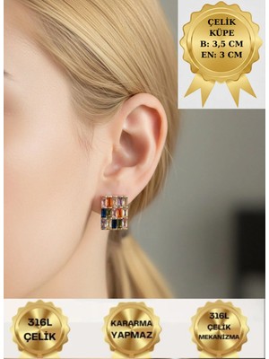 Luxenya Design Renkli Taşlı Kare Form Kadın Paslanmaz Çelik Küpe Altın Renk Çerçeveli (2 Cm)