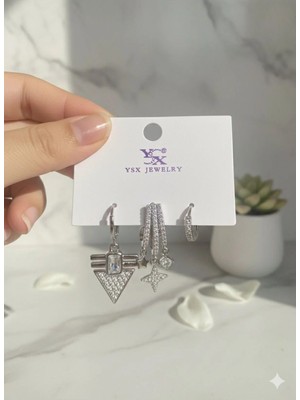Luxenya Design Zirkon Taşlı Asimetrik Kadın Küpe Seti Geometrik Sallantılı Çoklu Küpe Modeli