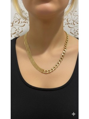 Luxenya Design 14K Altın Kaplama Çelik Çoklu Zincir Kolye Kadın Kararmaz Paslanmaz Çelik Katmanlı Model