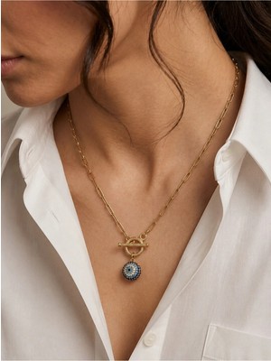 Luxenya Design 14K Altın Kaplama Nazar Boncuklu Kadın Kolye 55 cm Şans ve Koruma Figürlü Zincir Kolye