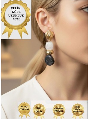 Luxenya Design Kadın Altın Renk Sallantılı Çoklu Taş Detaylı Şık Tasarım Paslanmaz Çelik Küpe