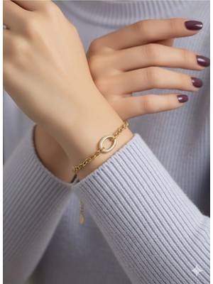 Luxenya Design Xuping Kadın 14K Altın Kaplama Zincirli Zirkon Taş Detaylı Çelik Bileklik