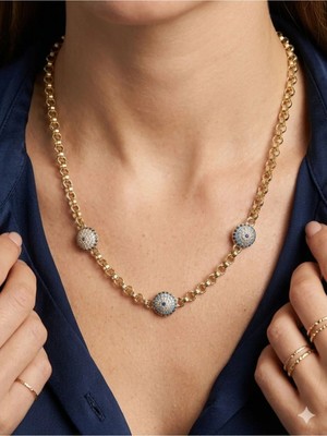 Luxenya Design 14K Altın Kaplama 3'lü Nazar Boncuk Detaylı Kadın Çelik Kolye 42+6 cm