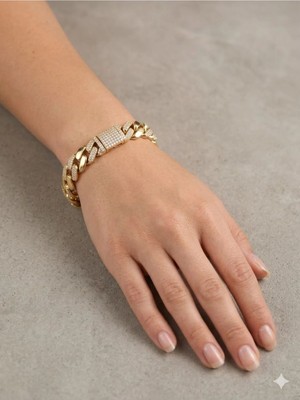 Luxenya Design 14K Altın Kaplama Xuping Kalın Zincir Kadın Çelik Bileklik 19 cm 10 mm Kalınlık Zirkon Taşlı