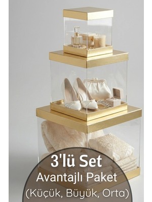 Dantelux 3\'lü Set Asetat Çeyiz Kutusu (Şeffaf - Katlanabilir - Pratik Kurulum) (Küçük + Orta + Büyük) Gold