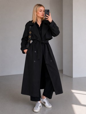 Motix Premium Poplin Kumaş Kemerli Uzun Trençkot