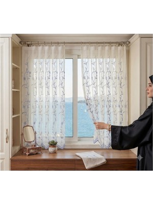 Brillant Nakışlı Keten Tül Perde-En: 200-BOY: 250 cm -Pile: 1/2 (Seyrek) Pile