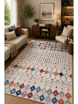 Norella Home Renkli Etnik Desenli Kaymaz Taban Yıkanabilir Halı Bohem Salon Halısı Koridor Halısı Antre Halısı Modern Dekoratif Halı