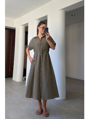 Magarde Taşlanmış Kolları Nakışlı Elbise- Haki